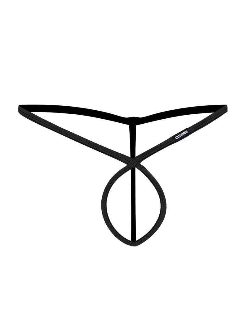 Cut4Men - Spandex Sexy Gekruiste Herenstring - Zwart Leatherette-Erotiekvoordeel.nl