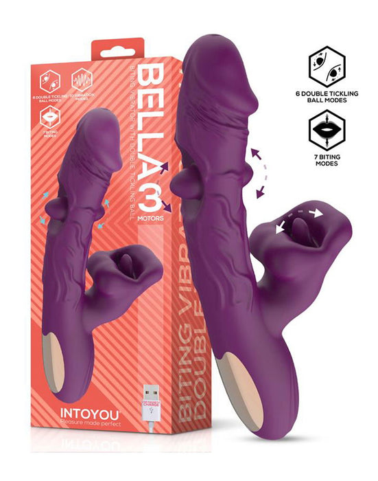 IY - Bella - Triple Motor Vibrator met Dubbel Kietelend Balletje en Likkende Tong - Paars-Erotiekvoordeel.nl