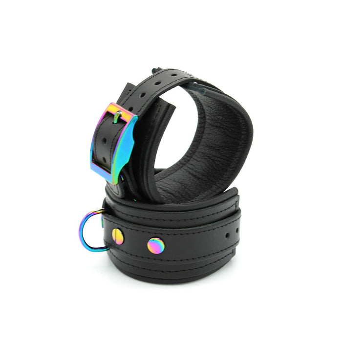 Kiotos - Premium Lederen Polsboeien - Metalen Hardware in Unicorn Kleuren - Black/Rainbow-Erotiekvoordeel.nl