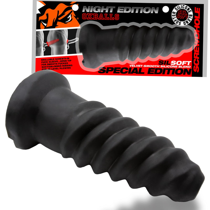 Oxballs - Screwdhole - Inbrengbare Fuck Sleeve - Night Edition - Siliconen/TPR - Zwart-Erotiekvoordeel.nl