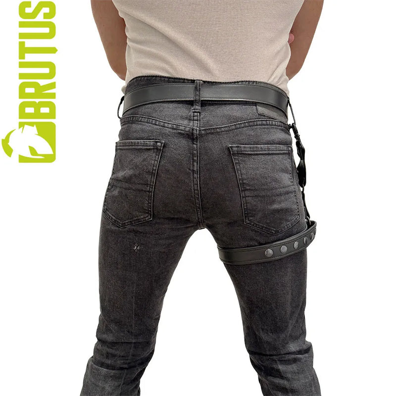 Brutus - Lederen Beenharnas - Verstelbaar- Zwart-Erotiekvoordeel.nl