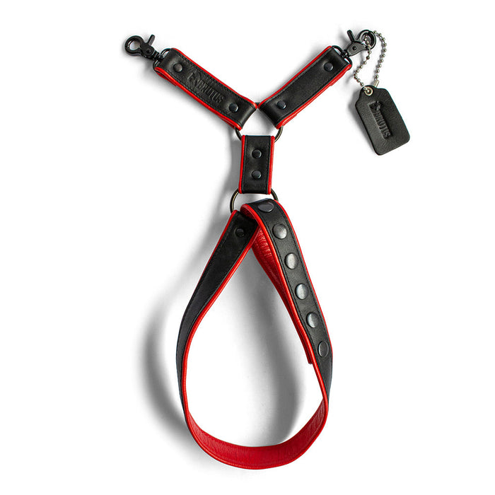 Brutus - Lederen Beenharnas - Verstelbaar- Zwart/Rood-Erotiekvoordeel.nl
