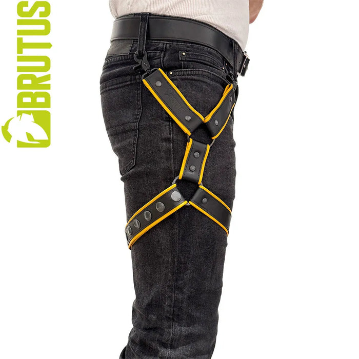 Brutus - Lederen Beenharnas - Verstelbaar- Zwart/Geel-Erotiekvoordeel.nl