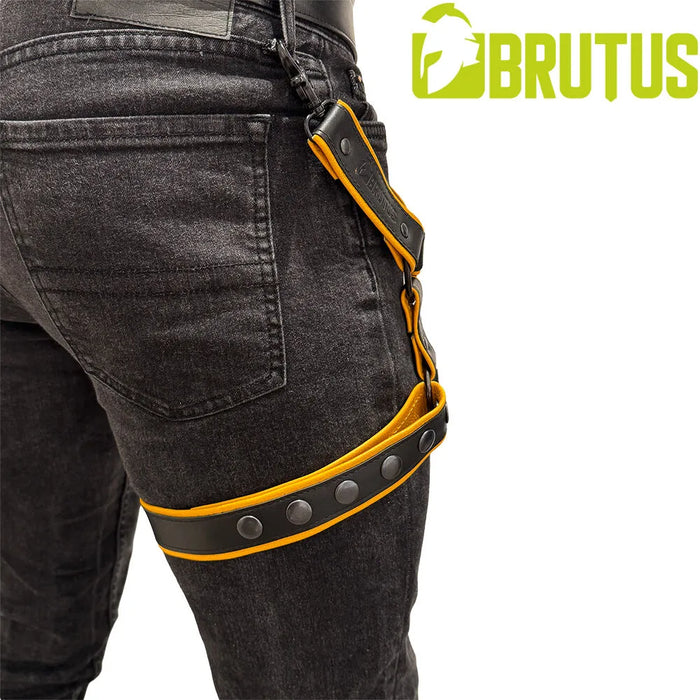 Brutus - Lederen Beenharnas - Verstelbaar- Zwart/Geel-Erotiekvoordeel.nl