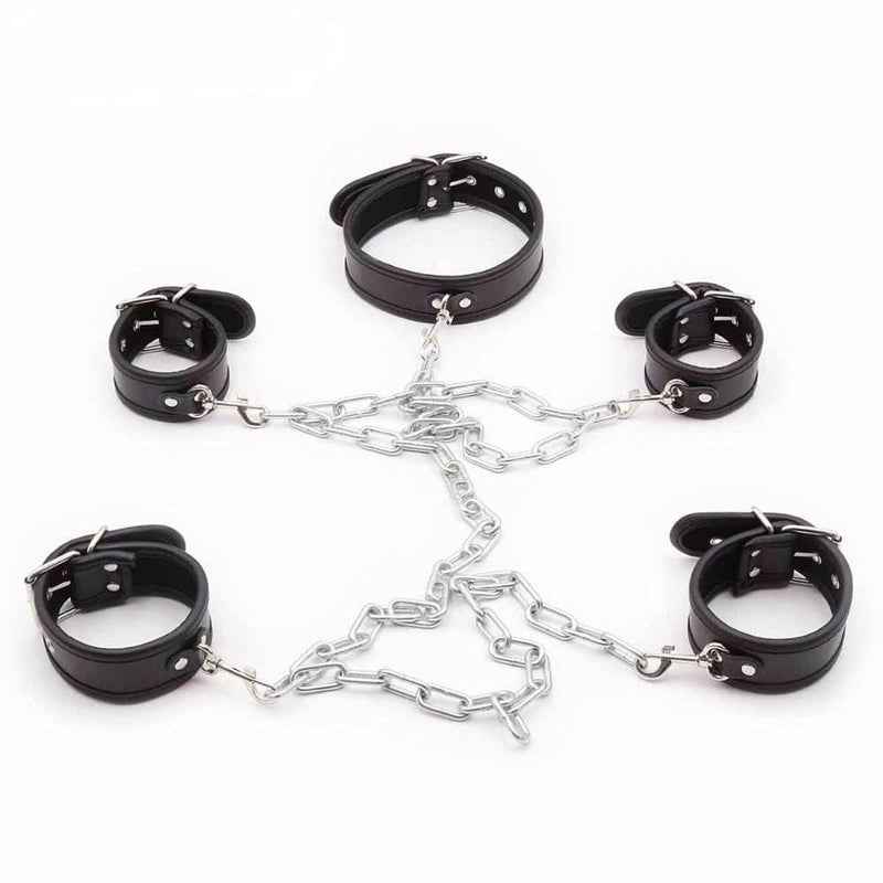 Smart Moves - Collar met Hand en Enkelboeien - Inclusief Verbindingsketting - Zwart/Zilver-Erotiekvoordeel.nl