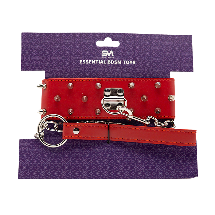 Smart Moves - Brede Collar met Spikes - Inclusief Leash - Rood-Erotiekvoordeel.nl