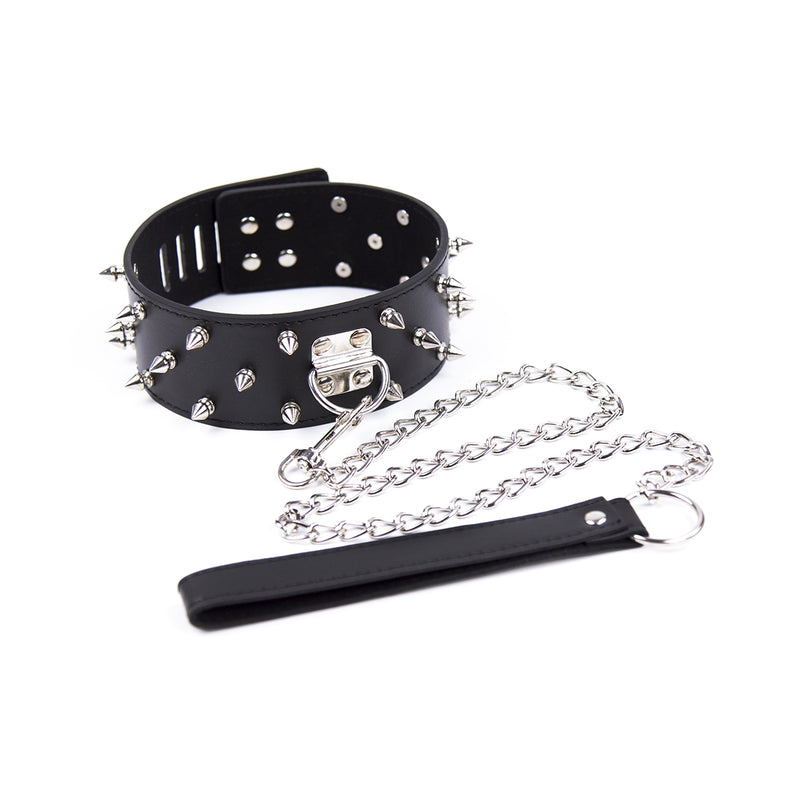 Smart Moves - Brede Collar met Spikes - Inclusief Leash - Zwart-Erotiekvoordeel.nl