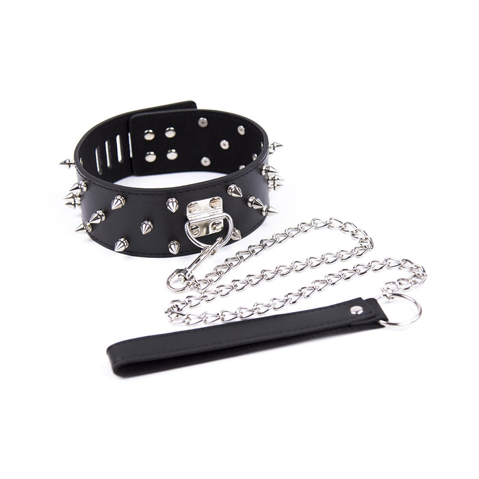 Smart Moves - Brede Collar met Spikes - Inclusief Leash - Zwart-Erotiekvoordeel.nl