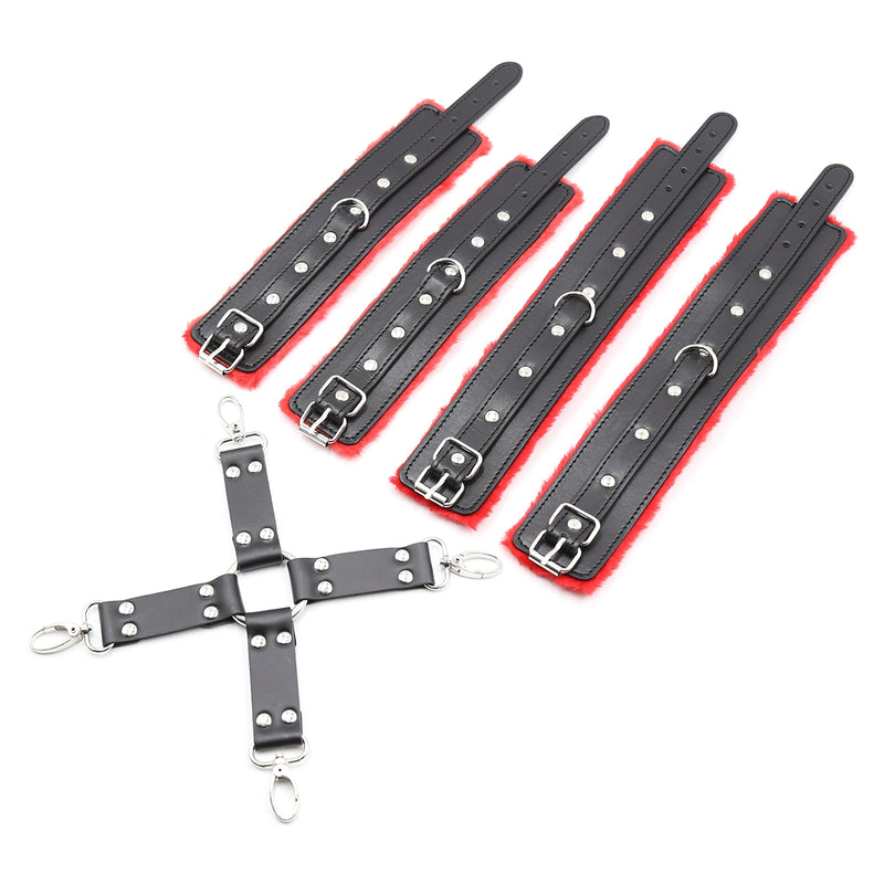 Fixxx - Hogtie Bondageset met Pluche Gevoerde Boeien - Zwart/Rood