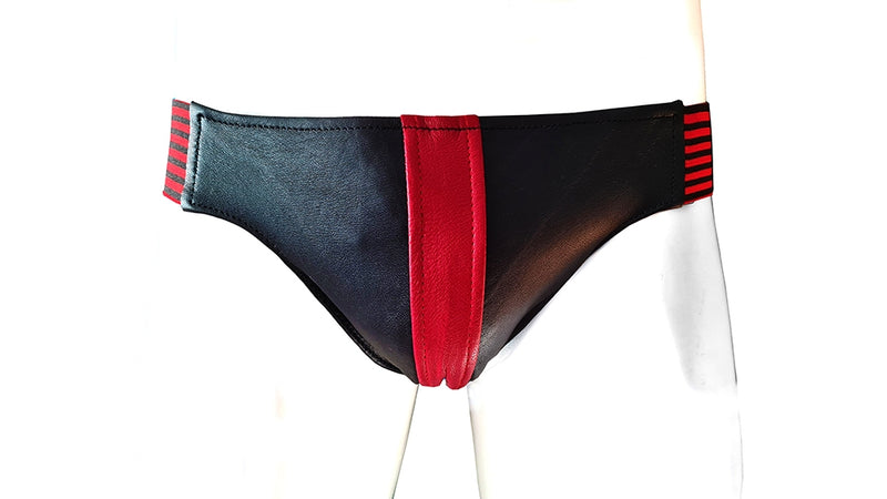 Rouge - Lederen Jockstrap met Strepen - M - Zwart/Rood-Erotiekvoordeel.nl