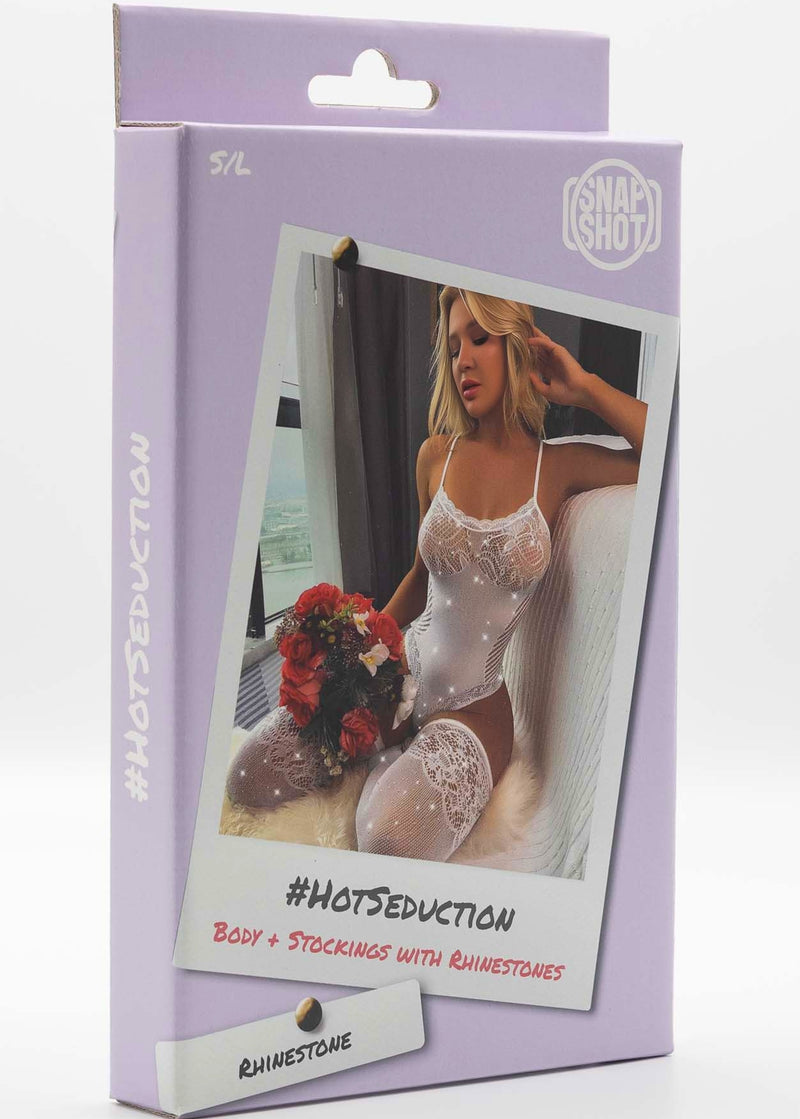 Snapshot - #hotseduction - Erotische Visnet Body en Kousen met Strass Steentjes - One Size - Wit-Erotiekvoordeel.nl