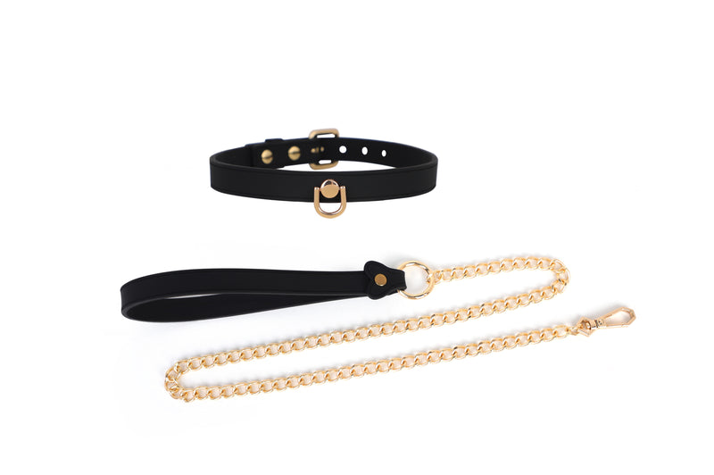 Smart Moves - Smalle Siliconen Collar met Leash en Gouden Leiband - Zwart-Erotiekvoordeel.nl