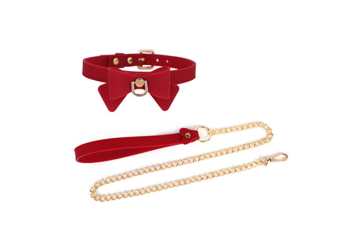 Smart Moves - Siliconen Collar met Strik en Gouden Leiband - Rood-Erotiekvoordeel.nl