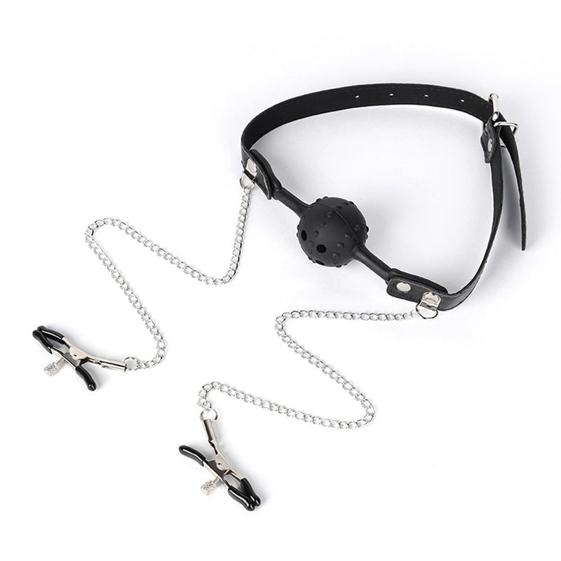 Smart Moves - Siliconen Spikes Ball Gag met Tepelklemmen - Zwart