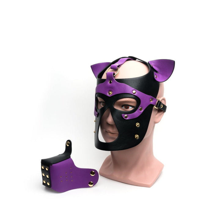 665 - Bondage Pup Hood Black Purple - Paars Zwarte Puppy Play Hood - Masker - PU Leer - One Size-Erotiekvoordeel.nl