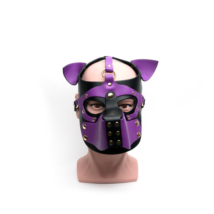 665 - Bondage Pup Hood Black Purple - Paars Zwarte Puppy Play Hood - Masker - PU Leer - One Size-Erotiekvoordeel.nl