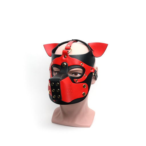 665 - Bondage Pup Hood Black Red - Puppy Play Hood - Masker - Zwart Rood - PU Leer - One Size-Erotiekvoordeel.nl
