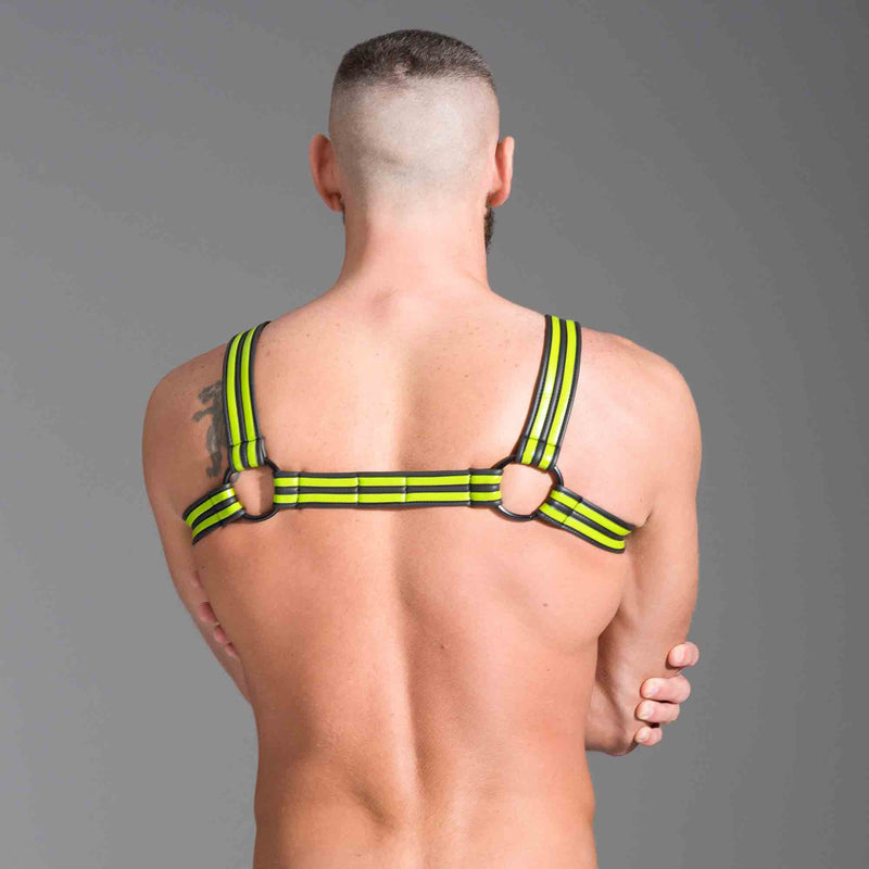 665 - Riemenbody - Neoprene Bulldog Harness - Neon/Zwart-Erotiekvoordeel.nl