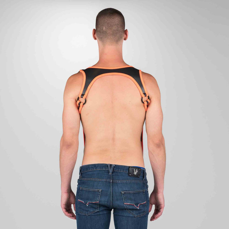 665 Neoprene - Riemenbody - Bretels - Zwart/Oranje - Verkrijgbaar in 2 maten - Heckler Harness Black Orange-Erotiekvoordeel.nl