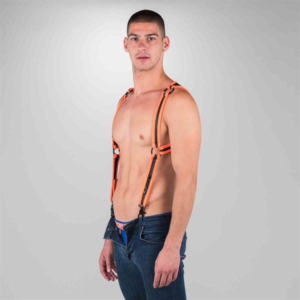 665 Neoprene - Riemenbody - Bretels - Zwart/Oranje - Verkrijgbaar in 2 maten - Heckler Harness Black Orange-Erotiekvoordeel.nl