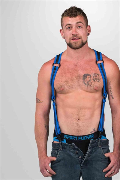 665 Neopren - Riemenbody - Hosenträger - Schwarz/Blau - Erhältlich in 2 Größen - Heckler Harness Black / Blue - Erotiekvoordeel.nl