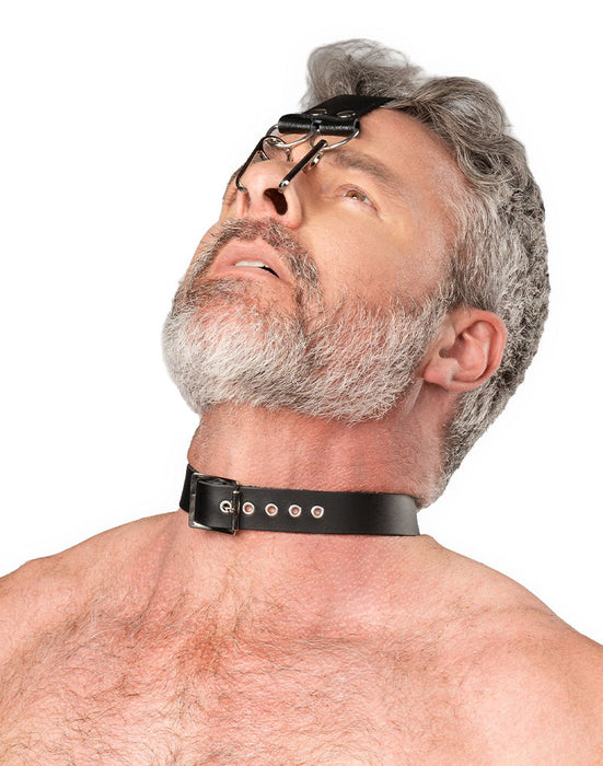 Rimba - Lederen Hoofdharnas met Collar en Neushaak - Zwart-Erotiekvoordeel.nl