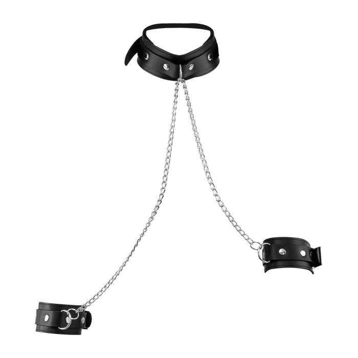 Rimba - Lederen Boeienset met Halsband en Ketting - Zwart/Zilver-Erotiekvoordeel.nl