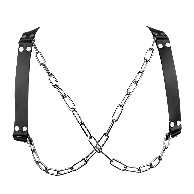 Rimba - Lederen Borstharnas met Kettingen - Zwart/Zilver-Erotiekvoordeel.nl