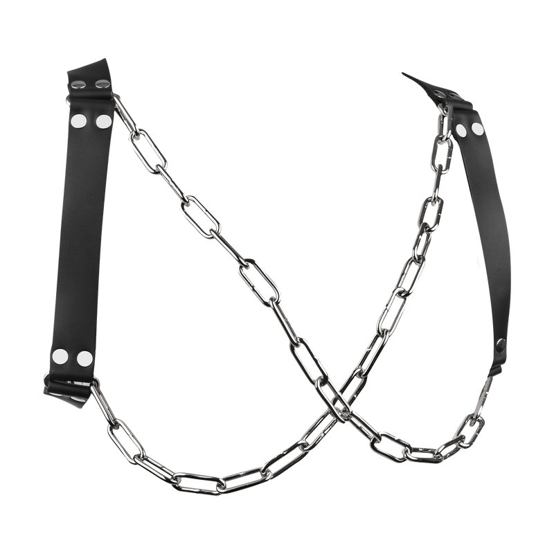 Rimba - Lederen Borstharnas met Kettingen - Zwart/Zilver-Erotiekvoordeel.nl