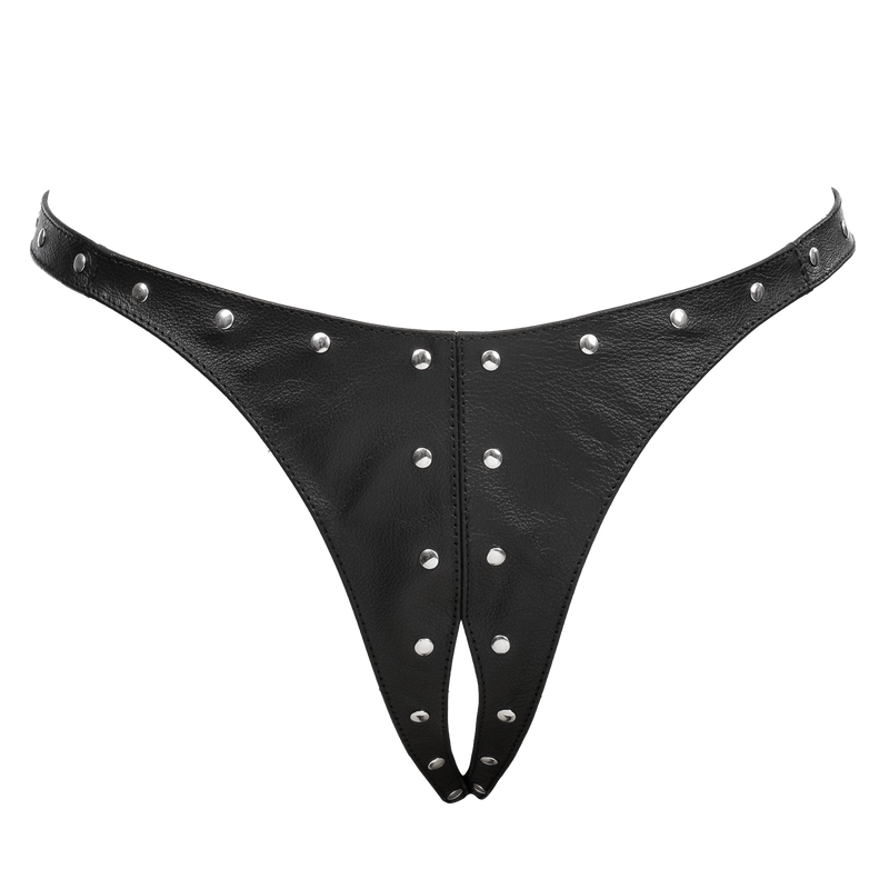 Rimba - Lederen Dames String met Open Kruis - Gedecoreerd met Studs - Zwart-Erotiekvoordeel.nl