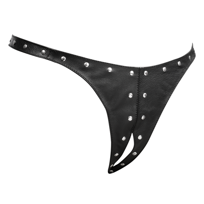 Rimba - Lederen Dames String met Open Kruis - Gedecoreerd met Studs - Zwart-Erotiekvoordeel.nl