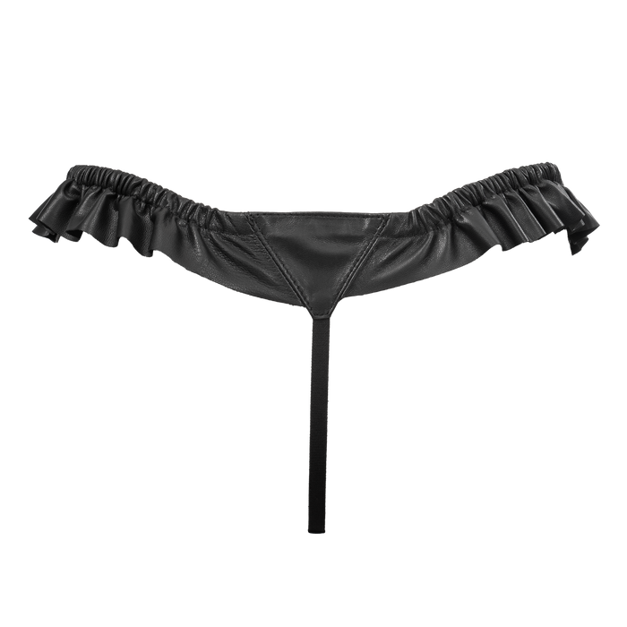 Rimba - Luxe Lederen Dames String met Ruches - Rekbare Bandjes - Zwart-Erotiekvoordeel.nl