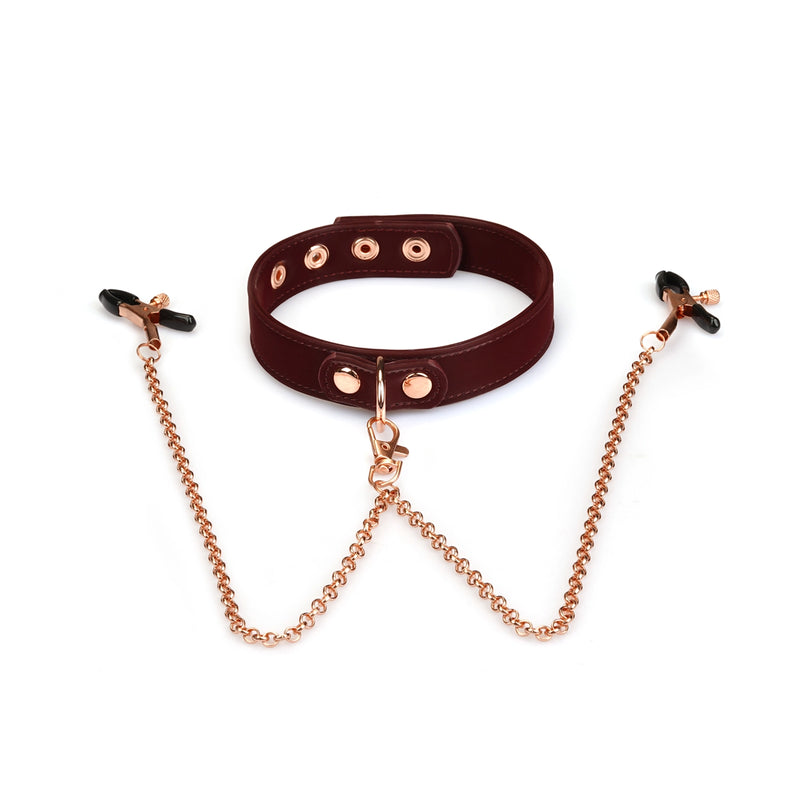 Liebe Seele - Metallic Shade Red - Vegan PU Lederen Collar met Tepelklemmen - Rood/Rosé Goud-Erotiekvoordeel.nl