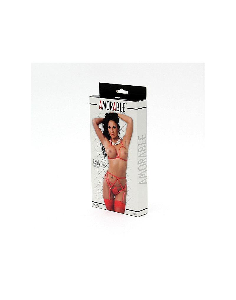 Amorable - Ensemble de lingerie à bretelles - Soutien-gorge ouvert - String - Jarretelles et bas - Rouge-Erotiekvoordeel.nl