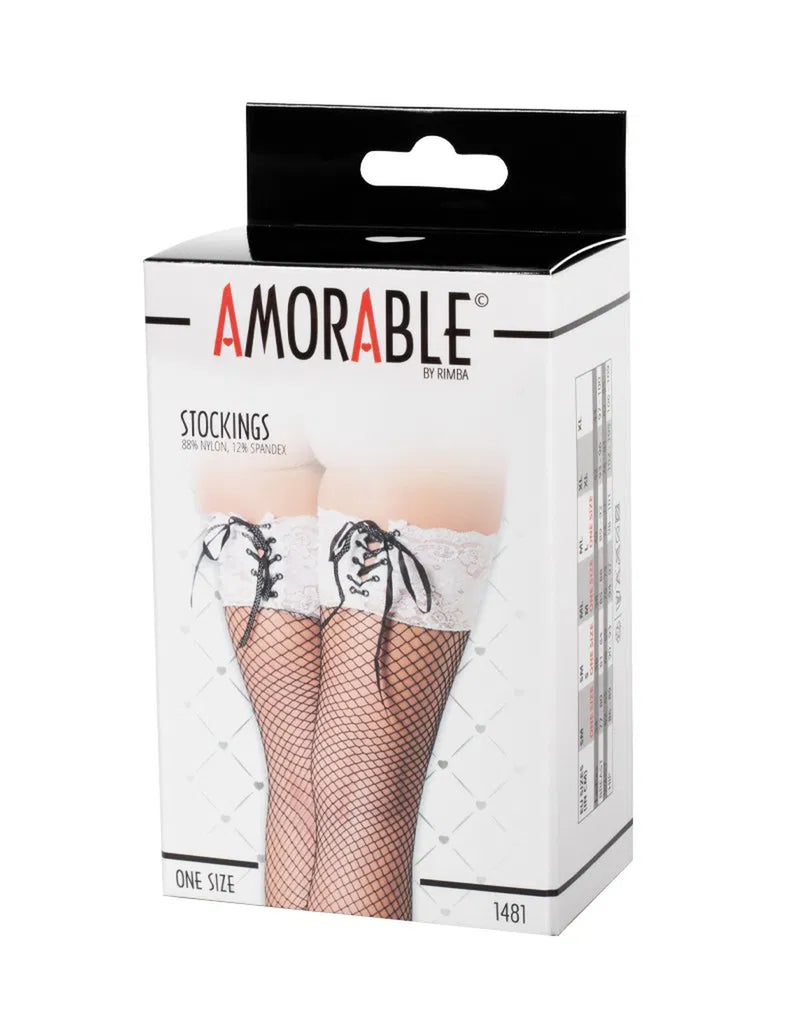 Amorable - Erotische Netkousen Met Witte Kanten Ban en Vetersluiting - One Size-Erotiekvoordeel.nl