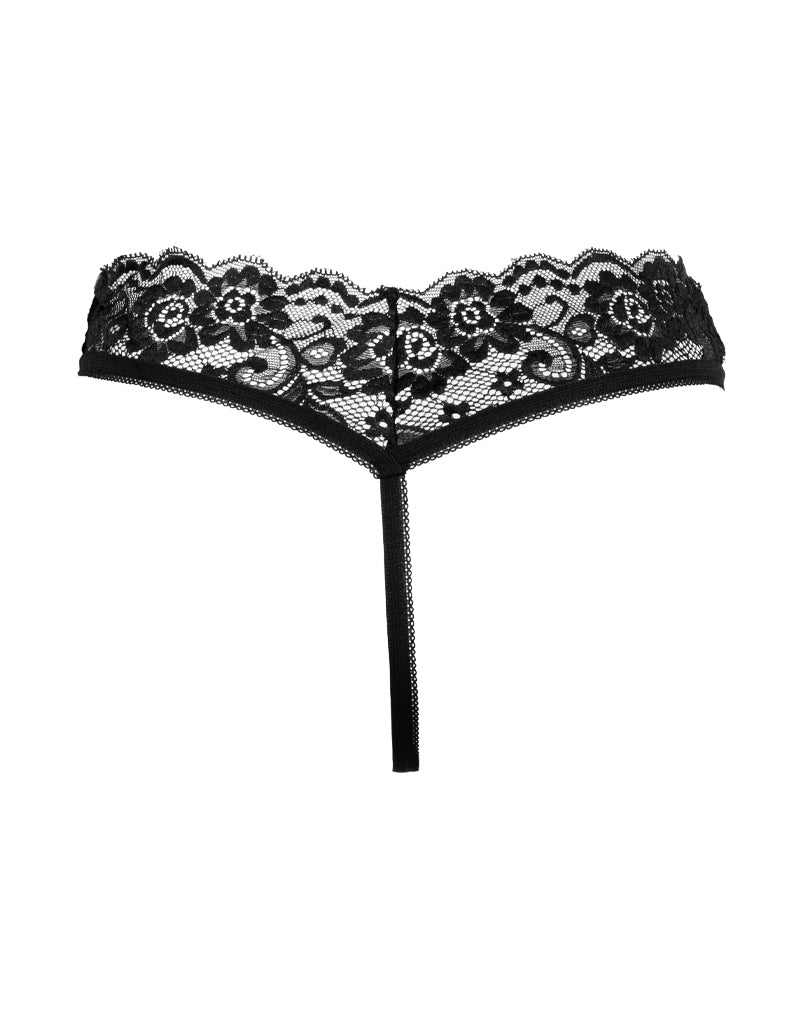 Amorable - Tanga con volantes de encaje - Abierta en la entrepierna - Talla única - Negro - Erotiekvoordeel.nl