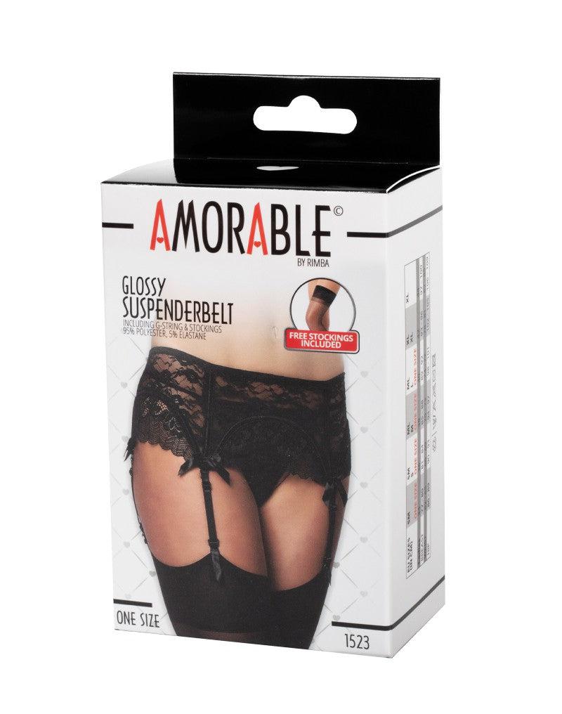 Amorable - Kanten Jarretelgordel Met Open Achterkant - Inclusief String En Kousen - Zwart-Erotiekvoordeel.nl