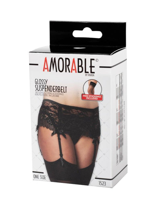 Amorable - Kanten Jarretelgordel Met Open Achterkant - Inclusief String En Kousen - Zwart-Erotiekvoordeel.nl