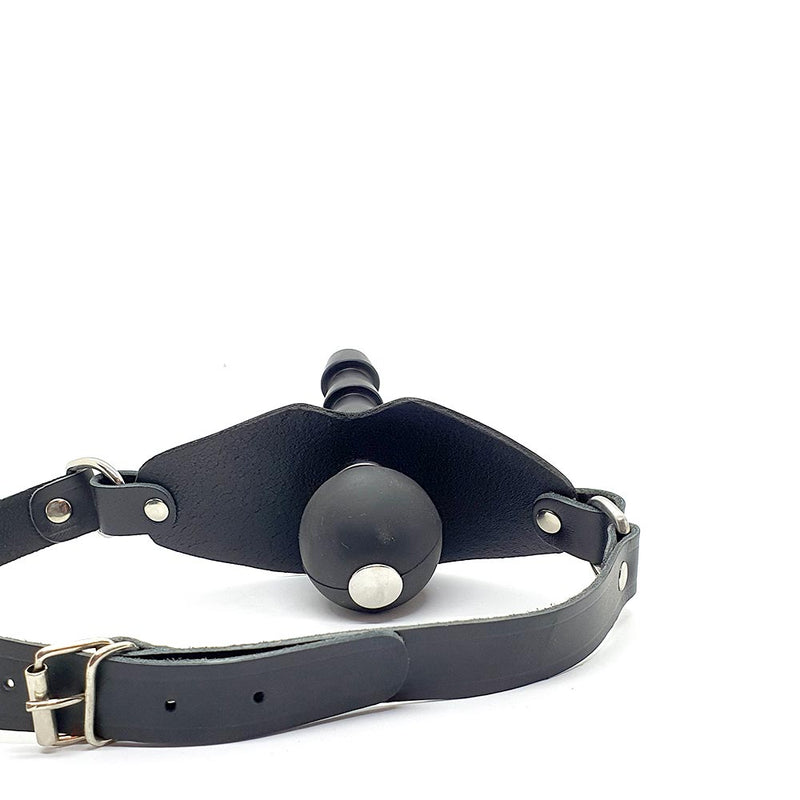 Black Label - Knebel Kulkowy Z łącznikiem Vac U Lock I Skórzanym Paskiem - Czarny - Erotiekvoordeel.nl