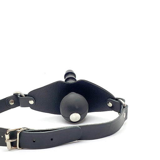 Black Label - Knebel Kulkowy Z łącznikiem Vac U Lock I Skórzanym Paskiem - Czarny - Erotiekvoordeel.nl