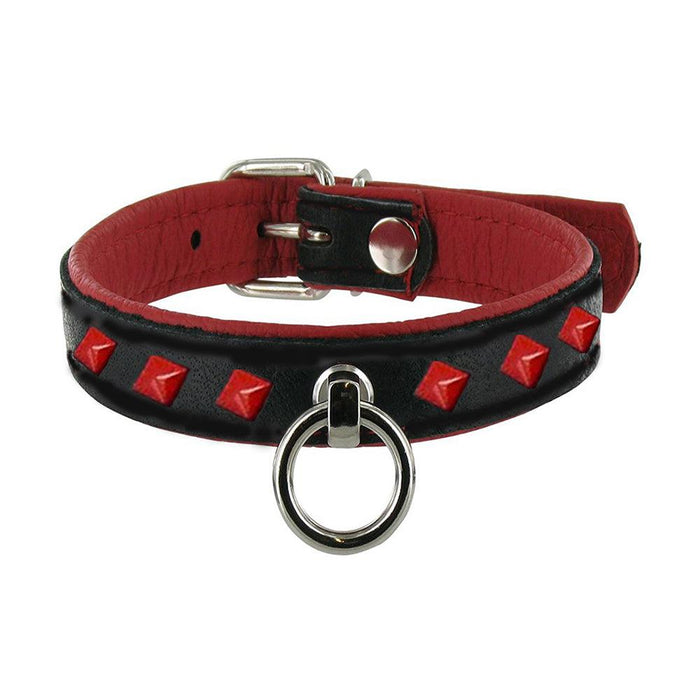 Black Label - Leather Studded O-Ring Collar - Red-Erotiekvoordeel.nl
