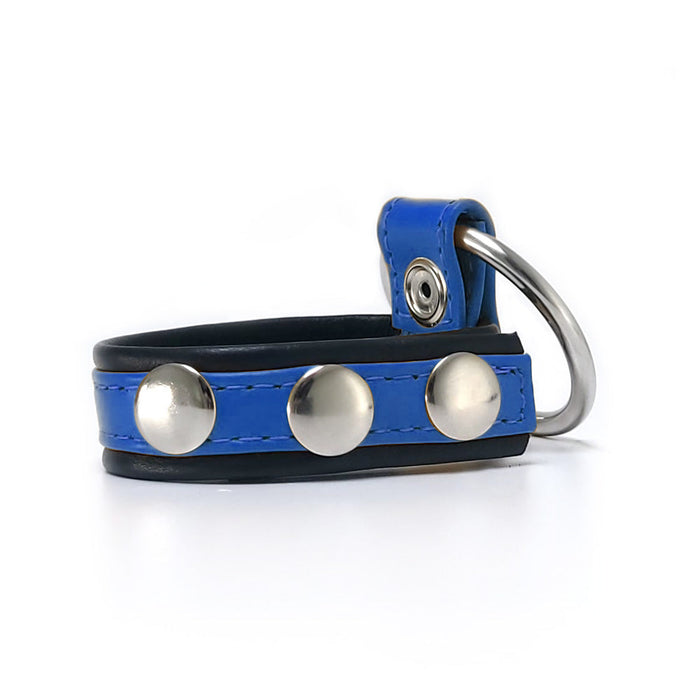 Black Label - Leren Cockstrap met Metalen Penisring - Zwart/Blauw-Erotiekvoordeel.nl