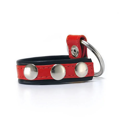 Black Label - Leren Cockstrap met Metalen Penisring - Zwart/Rood-Erotiekvoordeel.nl