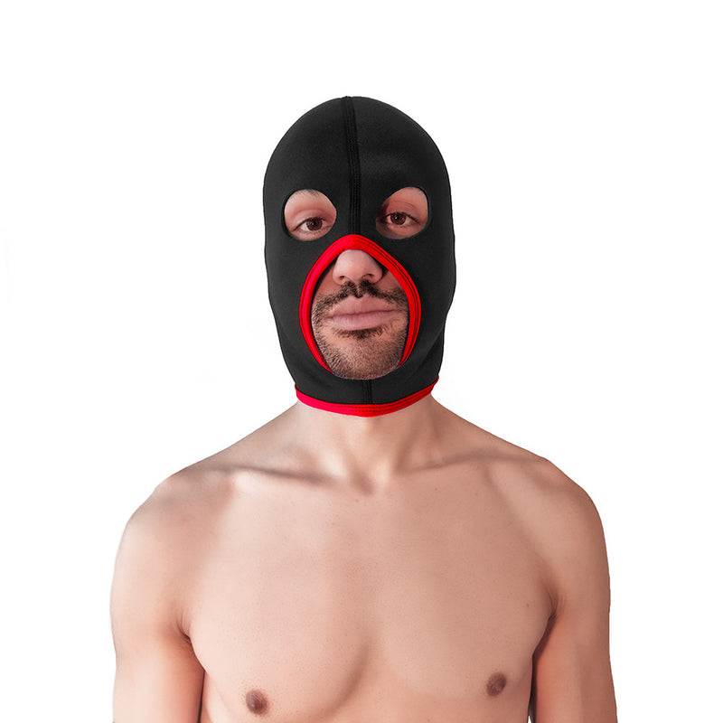 Brutus - Cappuccio Face Fucker in neoprene - Con fori per gli occhi - Nero/Rosso-Erotiekvoordeel.nl