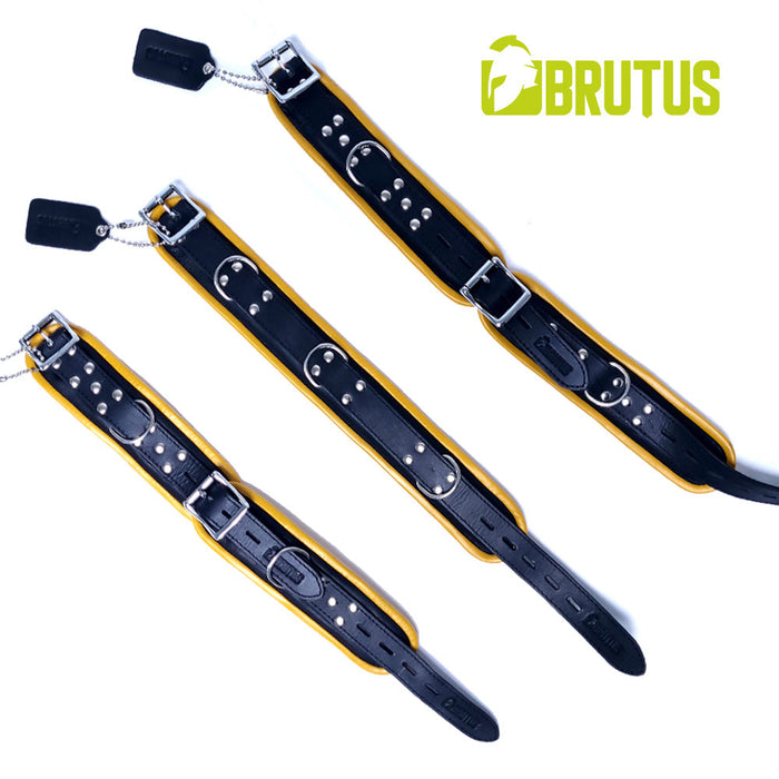 Brutus - Polsboeien - Leren Zwart Gele Handboeien - Afsluitbaar - Leather Wrist Restraints Black Yellow-Erotiekvoordeel.nl