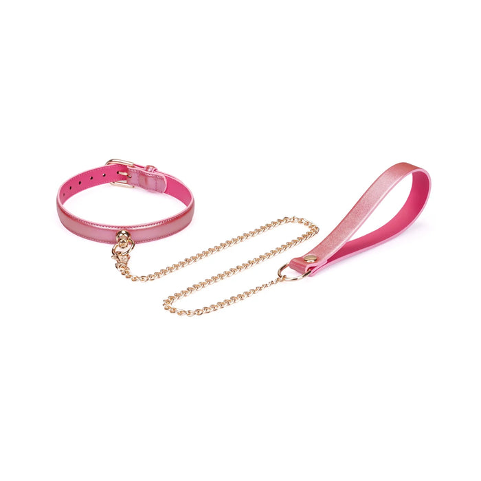 Liebe Seele - Lustre Rose - Lederen Collar met Leash - Parelmoer Roze met Gouden Hardware-Erotiekvoordeel.nl