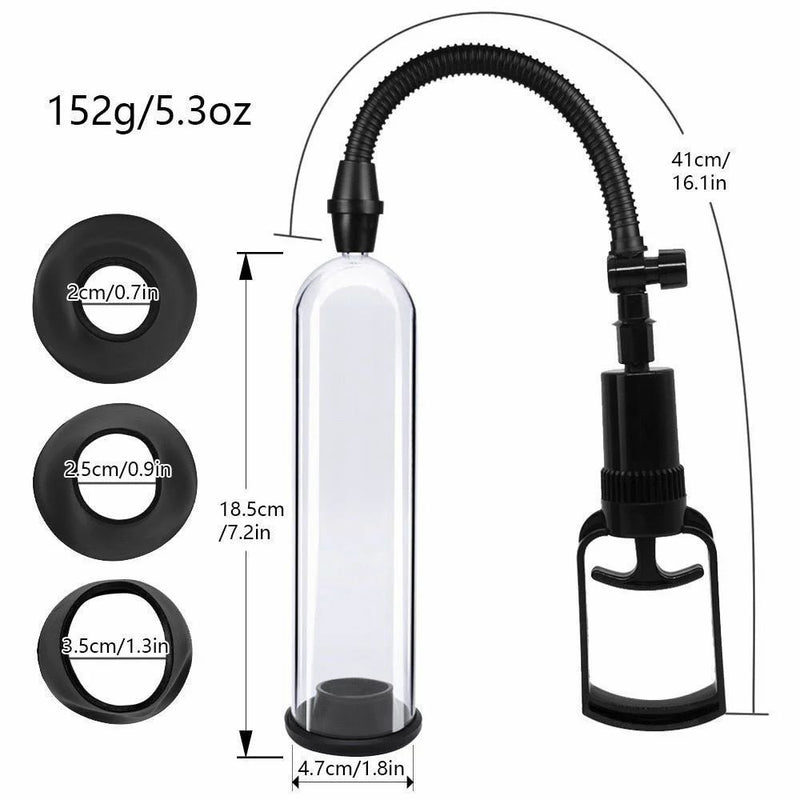 Essentials – Pompe à pénis avec manchons – 21 cm – Transparent/Noir-Erotiekvoordeel.nl