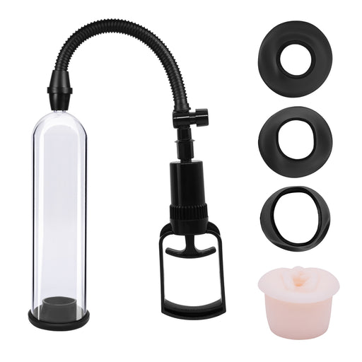Essentials – Pompe à pénis avec manchons – 21 cm – Transparent/Noir-Erotiekvoordeel.nl