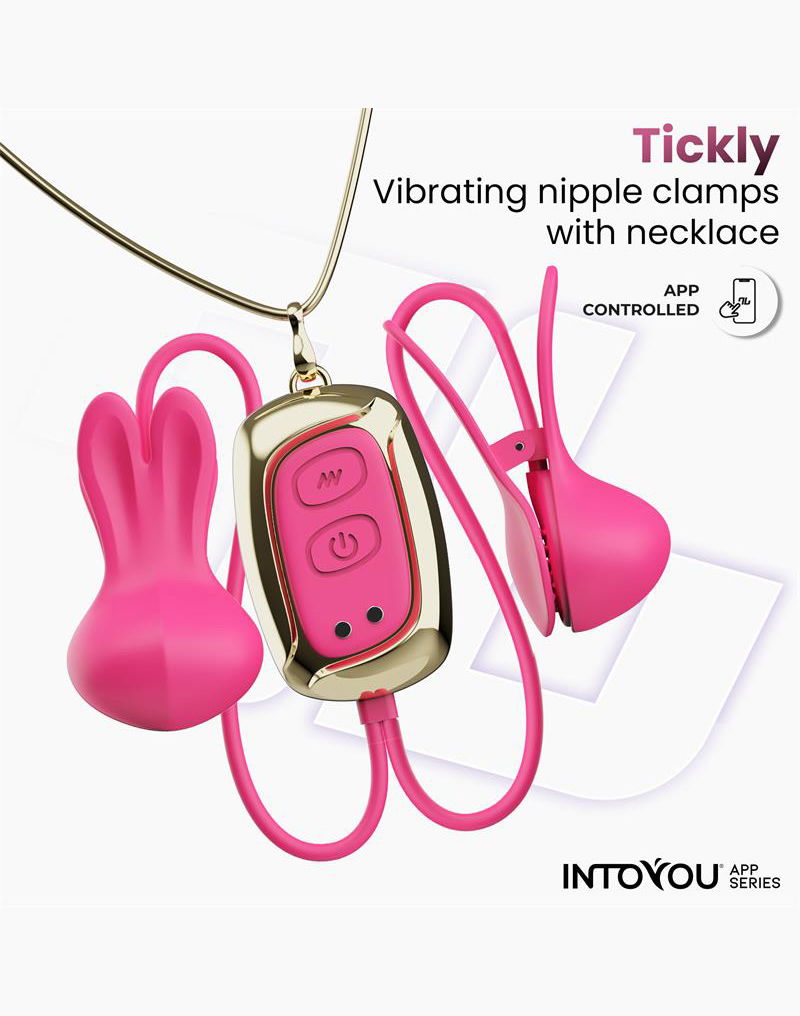 IY Tickly - Pinze per capezzoli vibranti con catena - Controllo tramite app - Rosa-Erotiekvoordeel.nl