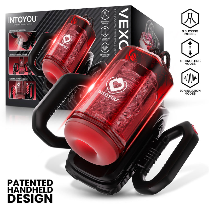 IY - Vexor - 3-in-1-Masturbator - Mit Saug-, Stoß- und Vibrationsfunktion - Schwarz/Rot - Erotiekvoordeel.nl